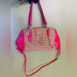 Coach Brown and Red Shoulder Bag with Signature Monogram